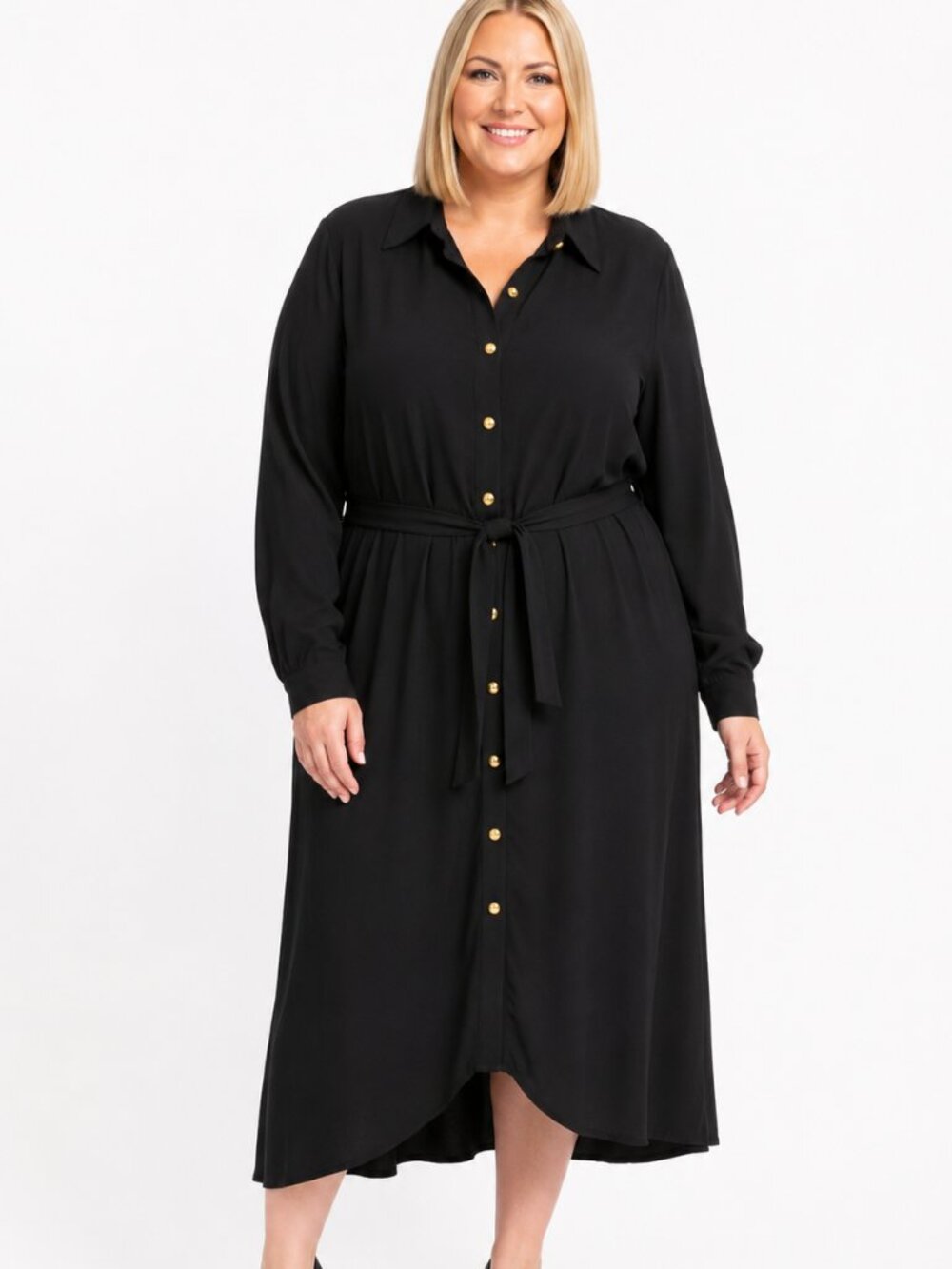 Womens Plus Size 16W Button Front Belted Long Sleeve Midi Shirt Dress. Chic